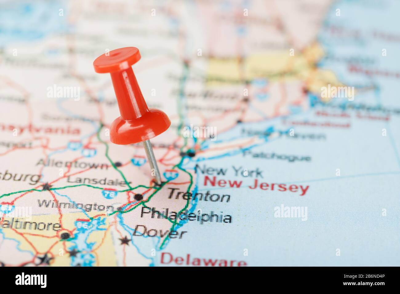 Red Clerical Needle On A Map Of Usa South New Jersey And The Capital Trenton Close Up Map Of South New Jersey With Red Tack United States Map Pin U Stock Photo