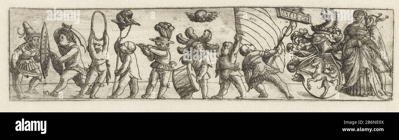 Fries met putti en wapenschild a frieze with eight putti two fighting with weapons, two with a monkey and a hoop, two instruments and two with a standard cartridge and a stick. A shield with a unicorn, also a woman and a nar. Manufacturer : printmaker: Monogrammist CB with tree (listed property) Place manufacture: Germany Date: 1531 Physical features: etching material: paper Technique: etching Dimensions: sheet: H 47 mm × W 195 mm Subject : cupids' amores', 'amoretti' 'putti' Stock Photo