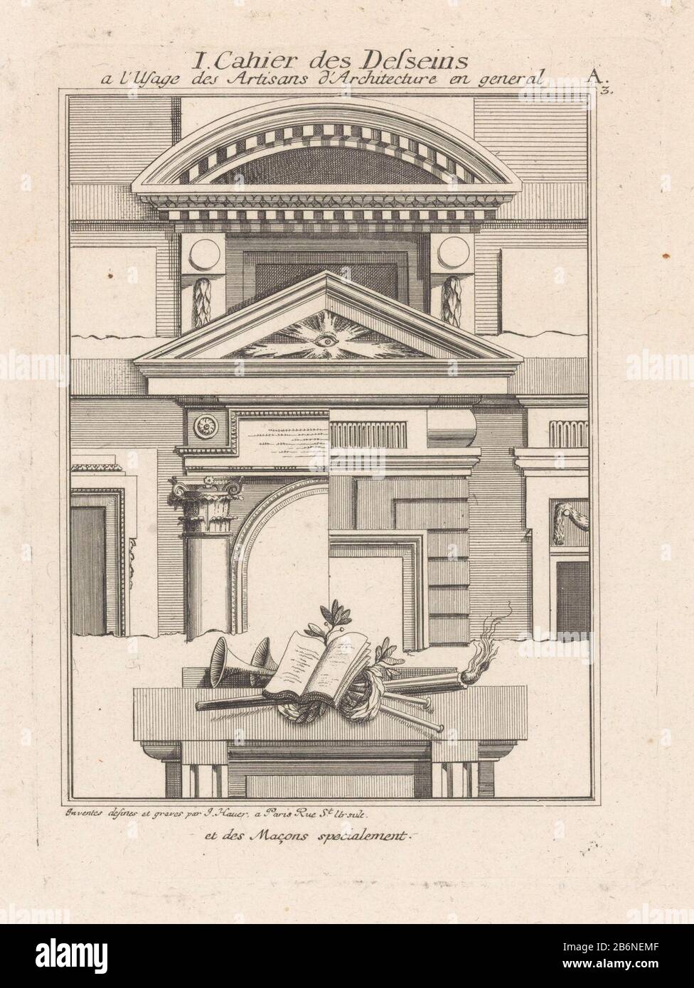 Designs for a triangular and segmental pediment and portals. Beneath an