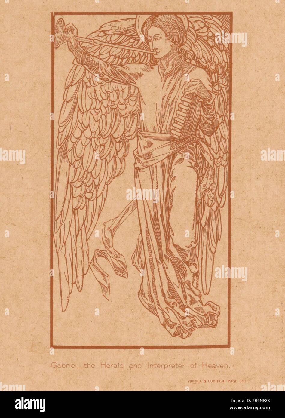 The archangel Gabriel blowing his trompet. Manufacturer : printmaker:  Johannes Josephus Aart Publisher: Continental Publishing Co. Dating: 1898  Physical features: woodcut in red and text in letterpress material: paper  Technique: woodcut /
