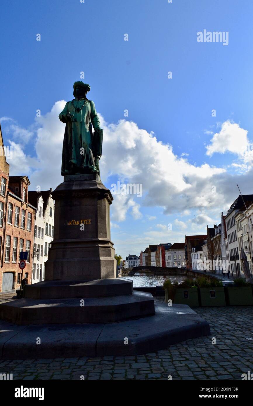 Jan Van Eyck Square, Bruges, Belgium Stock Photo