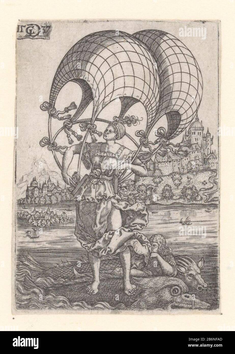 Galathea Galatea standing on a dolphin with two billowing sails on her rug. Manufacturer : printmaker: Monogrammist CG (Germany) (listed building) to design: Monogrammist CG (Germany) (listed building) Dated: 1537 Physical features: car material: paper Technique: engra (printing process) Dimensions: sheet: h 85 60 mm × b mm Subject: (story of) Galatea; 'Galatea' (Ripa) Stock Photo
