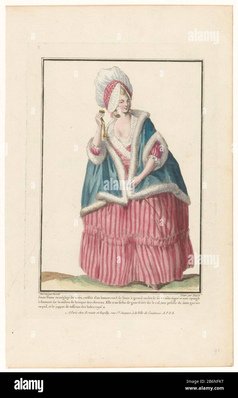 Young woman in ochtendnégligé, consisting of a satin pelisse, trimmed with  a fur collar, a pink striped taffeta gown. Fichu of pleated gaze. A large  round linen cap about the high hairstyle.
