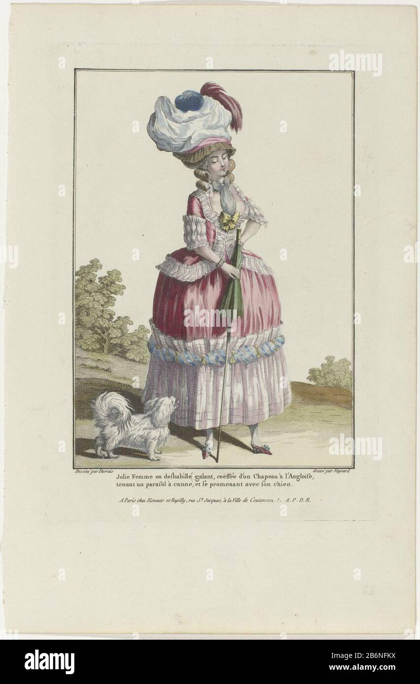 Woman with dog in deshabillé consisting of a Caraco à la polonaise. On the  hairstyle a "chapeau à l'Angloise. In his right hand a parasol which she  uses as a walking stick.