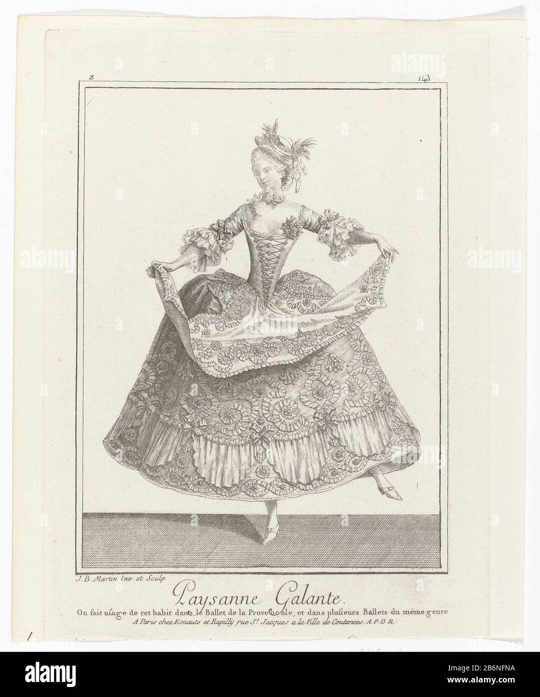 Dancer in ballet costume elegant farmer. She wears a dress with pointy  corset and square neckline, three quarter sleeves with bows and  engageantes. The skirt and decorative apron decorated with rosettes and