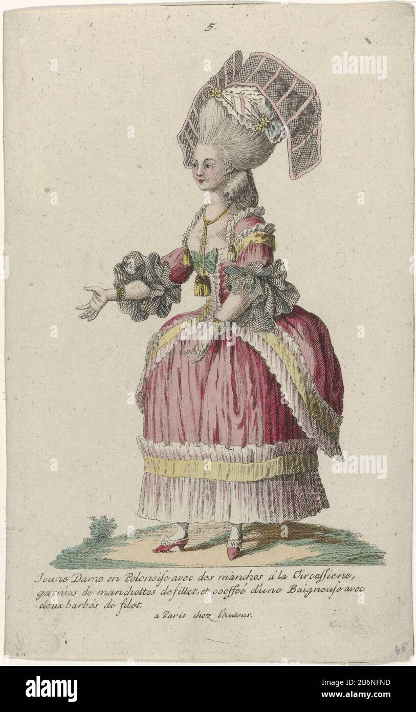 Young woman in a robe à la Polonaise" with sleeves "à la Circassienne  'filet topped with cuffs. On the head a 'baigneuse' with two slipping of  fillet. Further accessories: a cord around