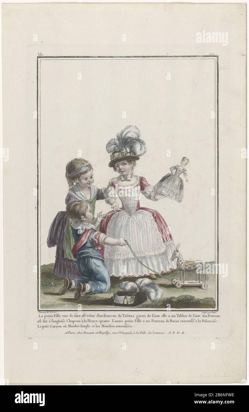 Three children playing. The girl with a doll in hand, wearing a foureau 'of  taffeta adorned with tulle. Motos and sabot. On an apron dress of tulle. On  the head a "chapeau