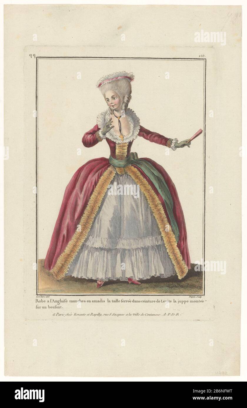 Robe à l'Anglaise with a green 'ceinture à Levite' around the waist. Band  of muslin with pink ribbon in high style. Around the neck a string Where: a  golden cross. Folding fan