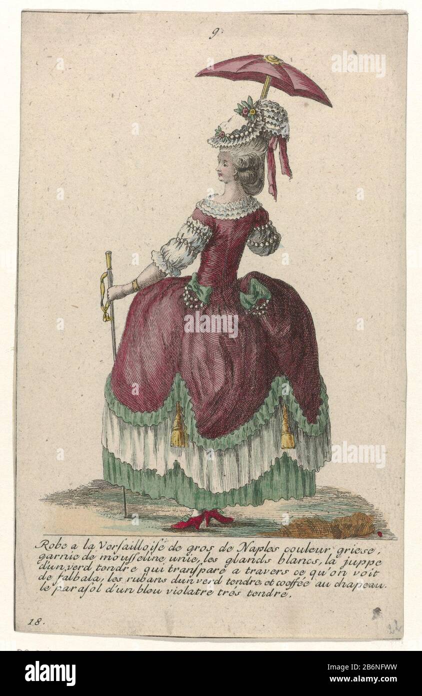 Woman, seen from behind, in a robe a la Versailloise 'gray gros de Naples,  decorated with plain muslin, white tassels and soft green ribbons. The  skirt is soft green 'qui transparencies A