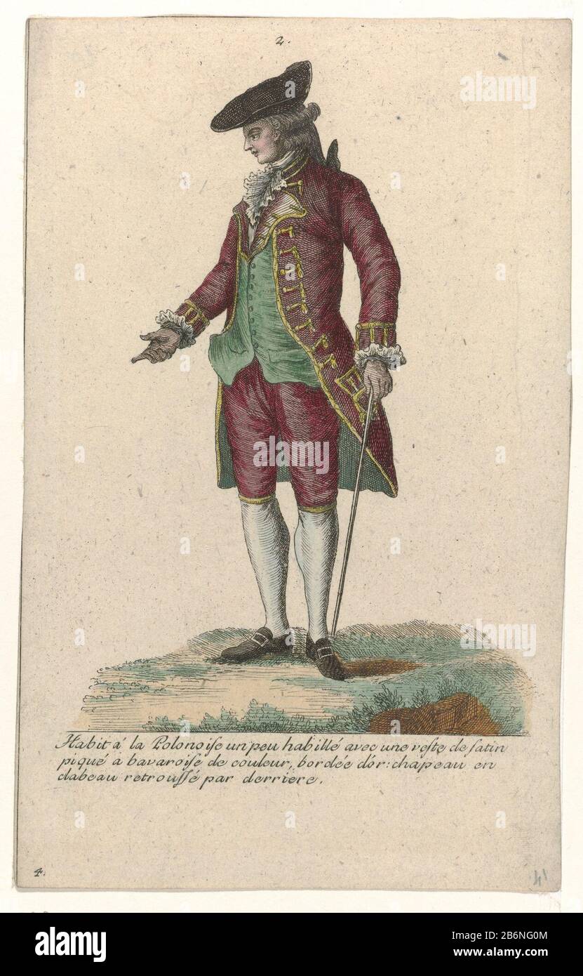 Standing man dressed in a "habit à la polonaise", trimmed with gold braid  (?). Vest 'satin pique "and shorts. On the head a 'chapeau à la Valague',  with a raised edge on