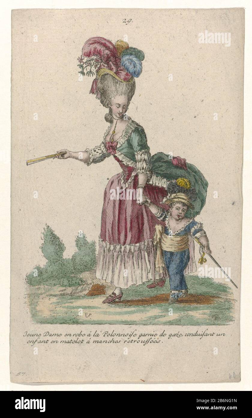 Young woman in a robe à la Polonaise" garnished with gauze. Motos and  sabot. Accessories: hat with flowers, ribbon and feathers, necklace with  pendant, fan, bracelet, shoes with heels and buckles. On