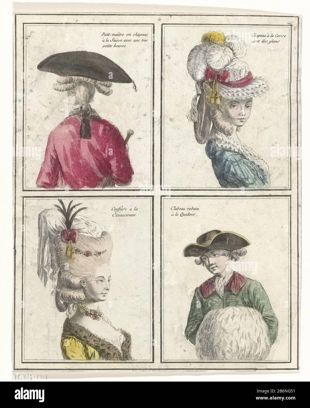 Two women's and two men's hairstyles with hats in boxes. From top left to  bottom right: Petit-maitre and chapeau à la Suisse avec une très petite  bourse; Chapeau à la Corse avec