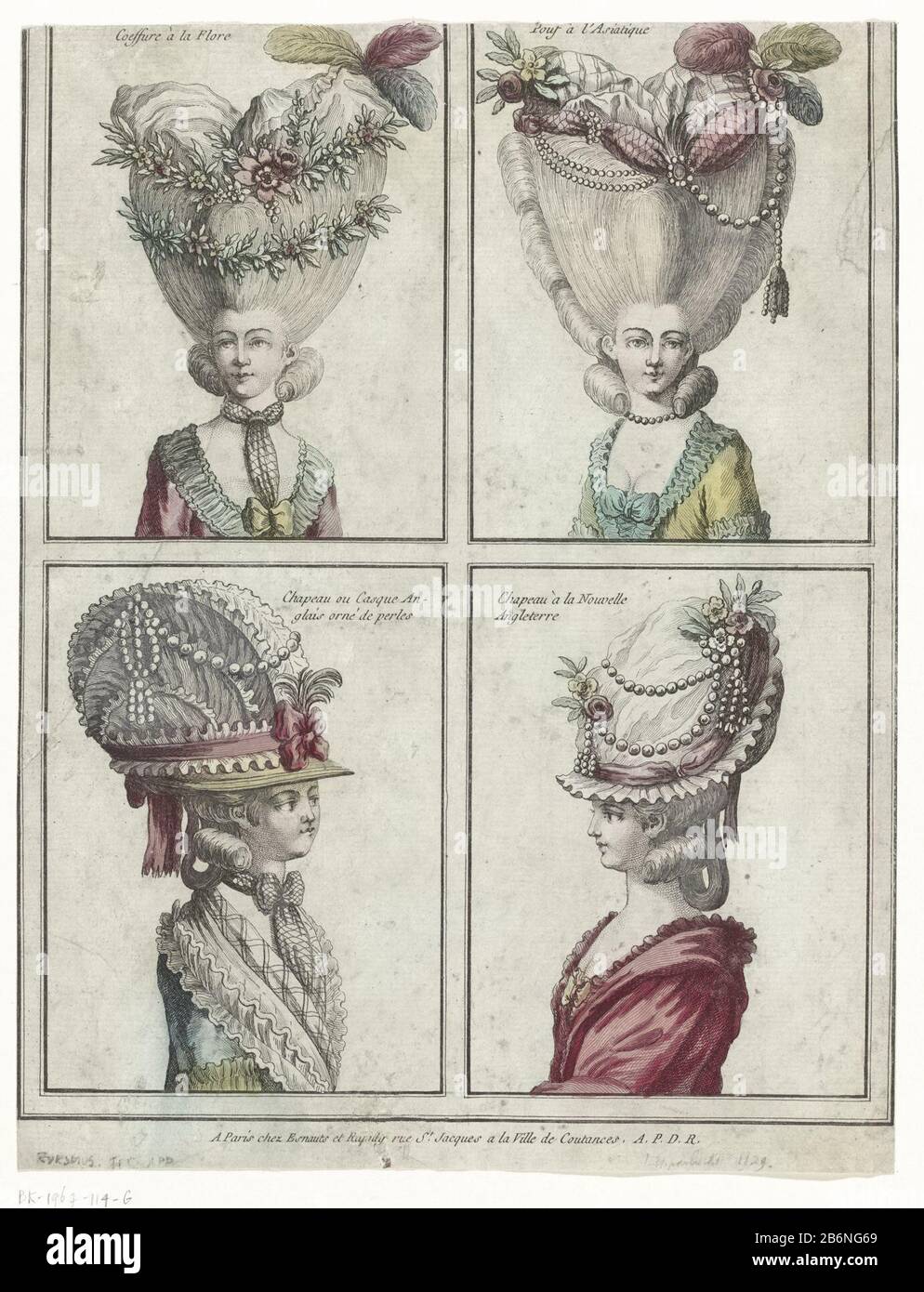 Two female hairstyles and two women's hats, divided into frames. From top  left to bottom right: Coiffure à la Flore; Pouf à l'Asiatique; Chapeau  Casque ou Anglais orné the Perles; Chapeau à