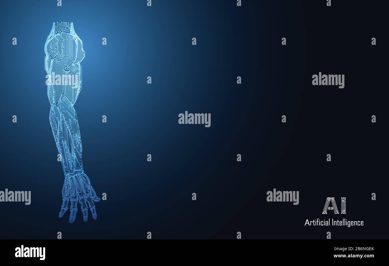 Abstract technology AI arm digital artificial intelligence concept Machine in Human health medical science on hi tech future blue background. for temp Stock Vector