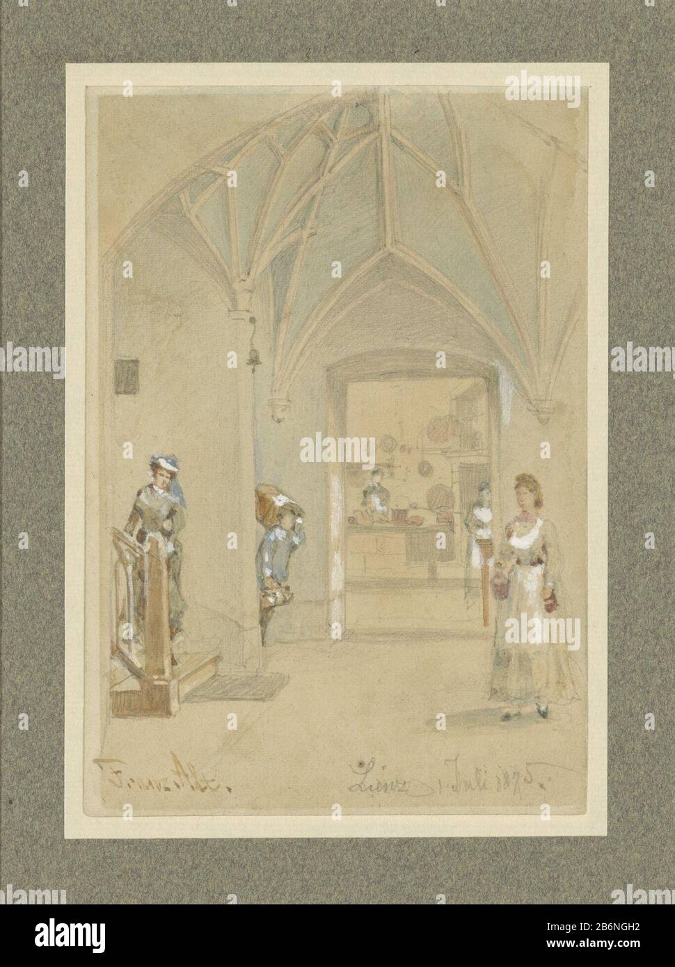 Gang van een Gasthaus met doorkijk in de keuken Walk with Gothic ribbed vault of a Gasthaus with see in the kitchen, with traveler who stairs opstijgt. Manufacturer : artist: Franz Alt Dating: Jul 1 1875 Physical features: brush in watercolor, paintbrush in body color, pencil material: paper finishing paint watercolor pencil technique: brush dimensions: h 148 mm × W 101 mmOnderwerp Stock Photo