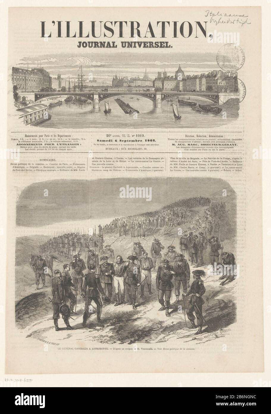 General Garibaldi supported two of his soldiers, in the Aspromonte mountains of Calabria, 1862. Front page of L'Illustration, Journal Universel, september 6 1862. Manufacturer : printmaker: Best Cosson Smeeton (listed property) Place manufacture: France Date: 6-Sep- 1862 Physical features: wood engra material: paper Technique: wood engra dimensions: sheet: h 369 mm × W 261 mmToelichtingIllustratie taken from L'Illustration, Journal Universel, september 6 1862. Subject: troop movements, transportationEenwording of Italy When: 1862 - 1862 Stock Photo