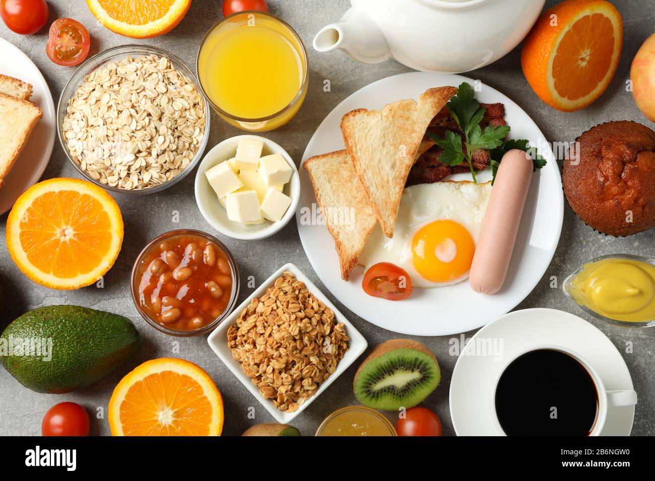 Delicious breakfast or lunch background. Grey table. Top view Stock ...