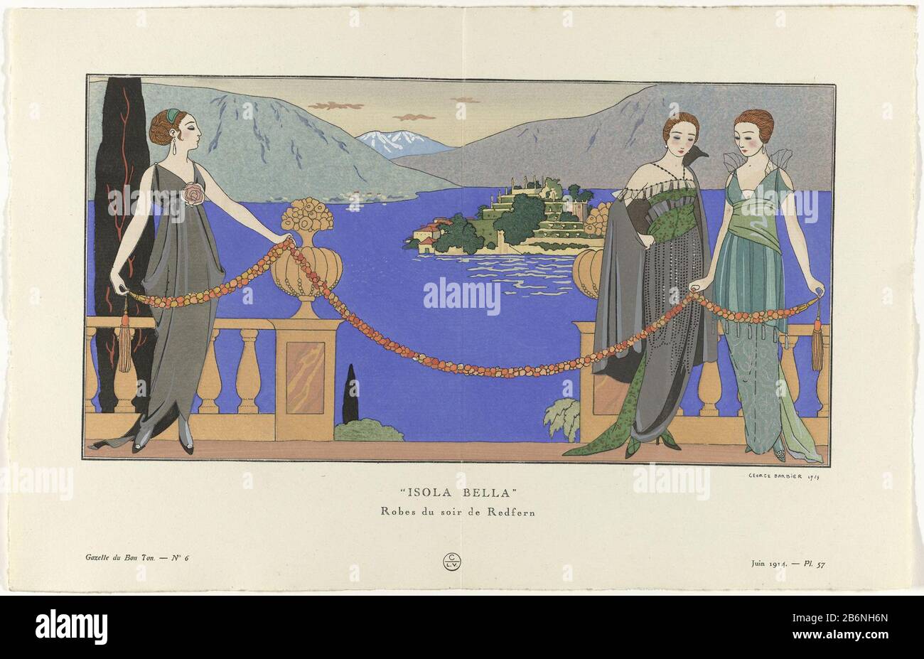 Gazette du Bon Ton, 1914 - No 6, Pl 57 Isola Bella Robes du soir de Redfern (titel op object) Three women on a terrace, dressed in evening gowns from Redfern. Two women have a garland fixed. In the background, a landscape with mountains. Planche 57 of Gazette du Bon Ton, 1914, No. 6. Understanding the clothes on page Explication des Planches. Manufacturer : designed by George Barbier (listed building) printmaker: anonymous fashion designer: Redfern (listed building) publisher Lucien Vogel (listed building) Publisher: Paul Cassireruitgever: Heineman Printer G. Kadar Place manufacture: publisher Stock Photo