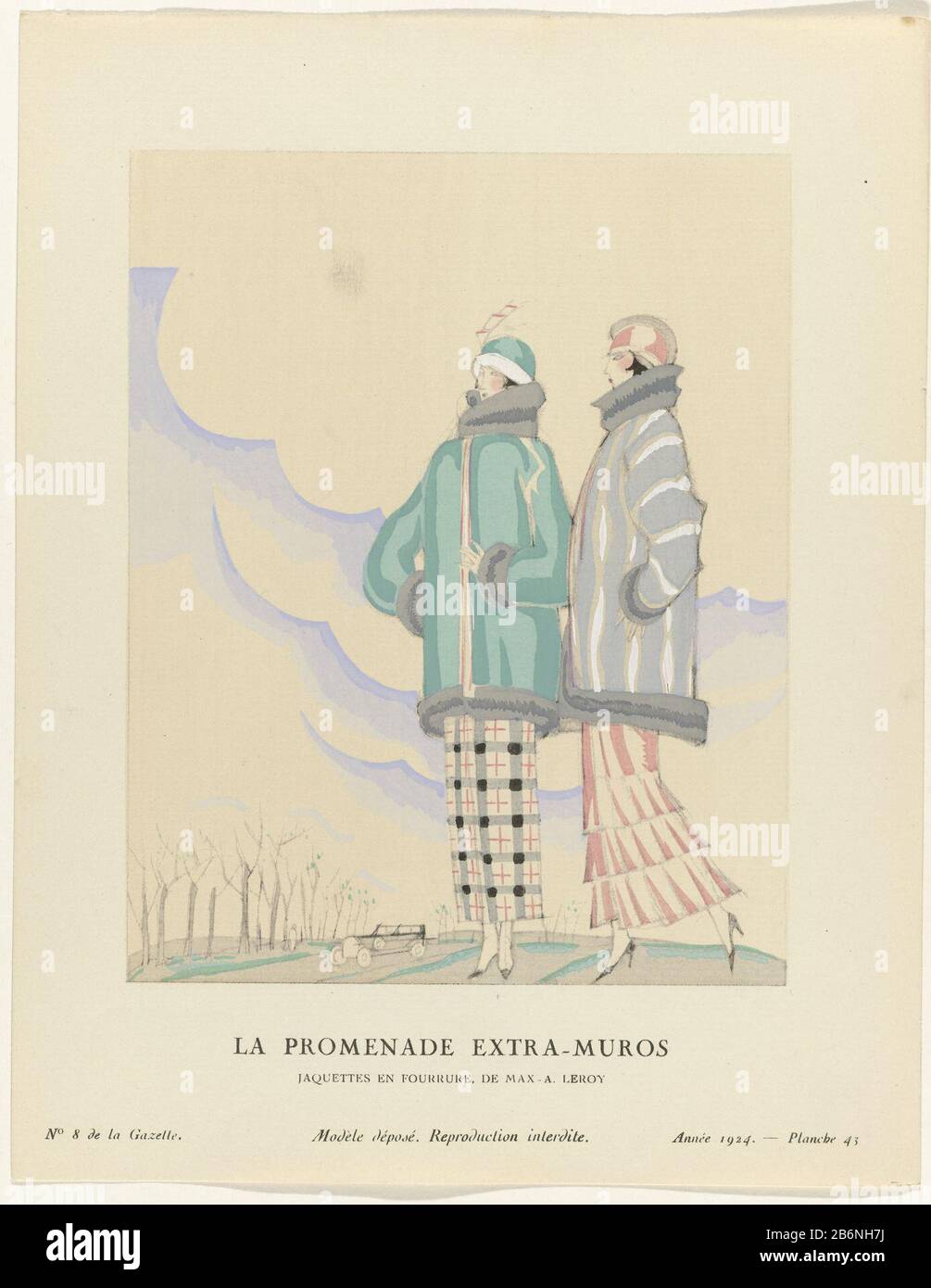 Two women standing dressed in coats of fur, Max-A. Leroy. The woman on the left is wearing an ankle-length plaid skirt and the woman on the right wears an ankle-length skirt with wrinkled strips. On the head a cloche (cloche hat). Planche 43 of Gazette du Bon Ton, 1924, No. 8. Manufacturer : to design: Charles Martin (listed building) printmaker: anonymous fashion designer Max. A. Leroy (indicated on object) publisher: Lucien Vogel Printer: Imprimerie Studium Place manufacture: Paris Date: 1924 Physical characteristics: photomechanical printing, pochoir, hand-colored, and text in the letterpre Stock Photo