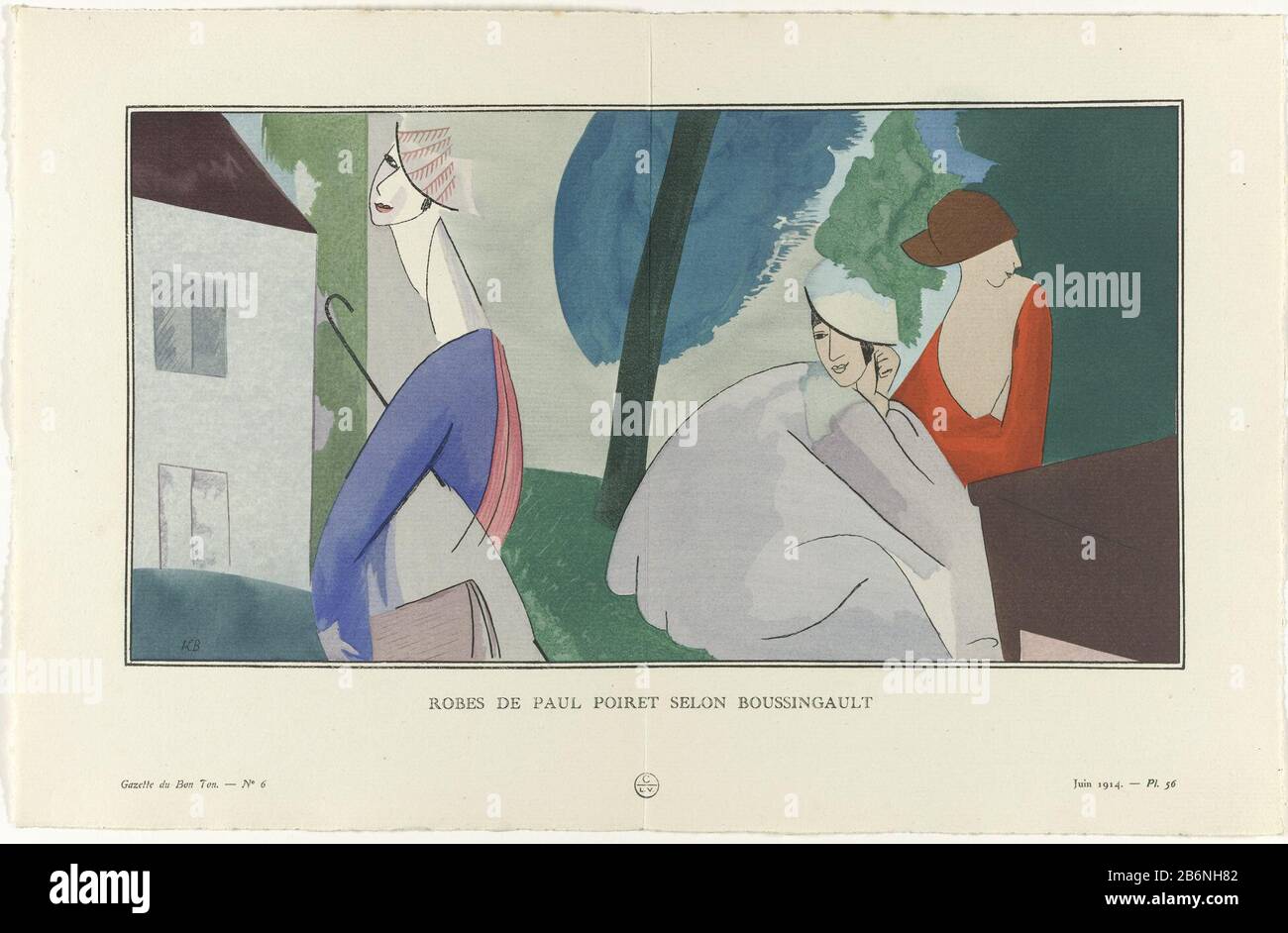 Gazette du Bon Ton, 1914 - No 6, Pl 56 Robes de Paul Poiret selon  Boussingault (titel op object) Three women dressed in gowns by Paul Poiret.  The print is designed by