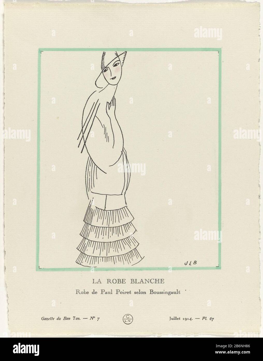 Gazette du Bon Ton, 1914 - No 7, Pl 67 La robe blanche Robe de Paul Poiret  selon Boussingault (titel op object) Standing woman wearing a white dress  by Paul Poiret. The