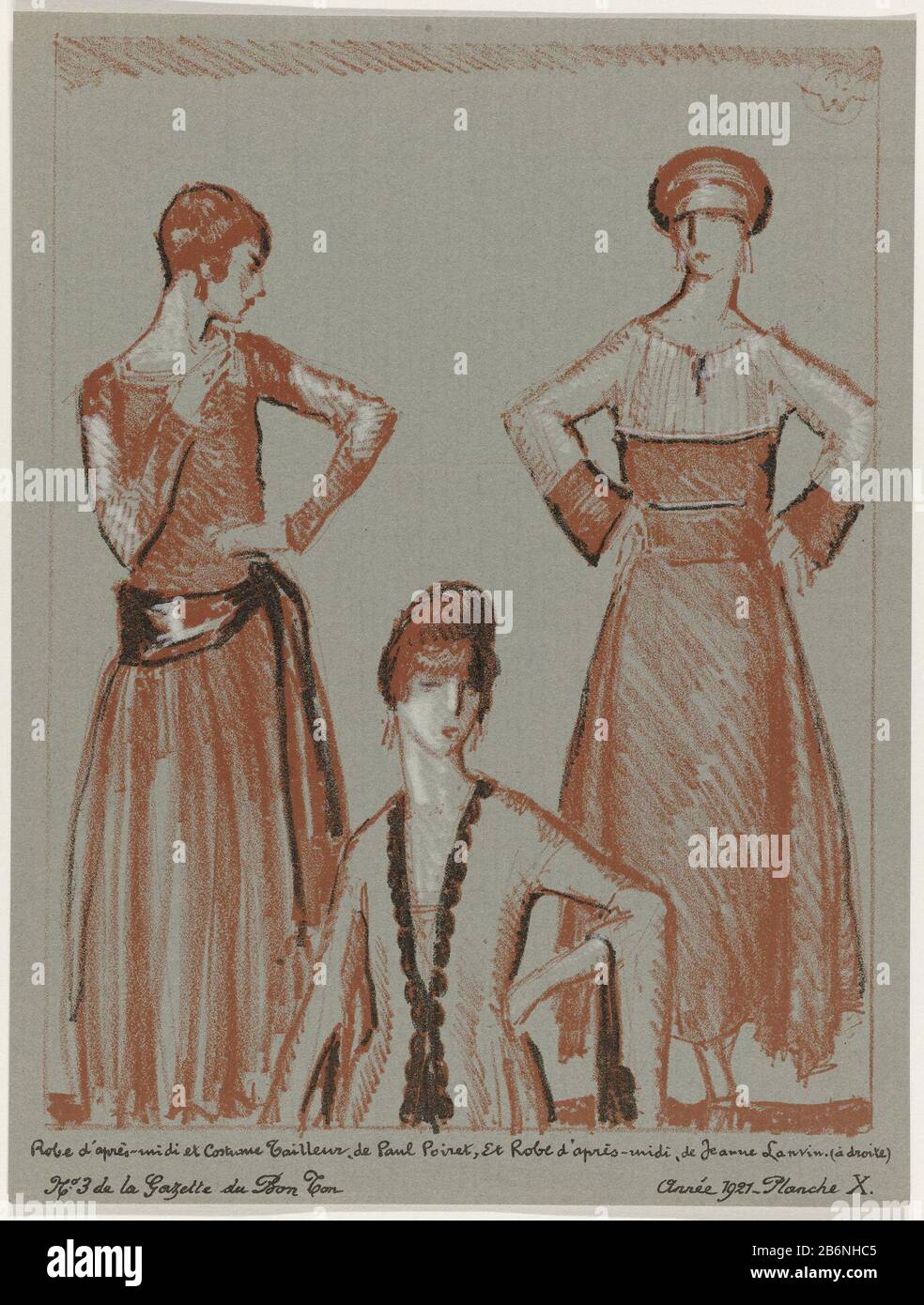 Two women, where: one at half length, dressed in an afternoon dress and a suit of Paul Poiret. The woman on the right wears an afternoon dress by Jeanne Lanvin. Planche X from a series of four lithographs entitled 'Les modes de grace and l'an mil neuf cent un t' of Gazette du Bon Ton, 1921, No. 3. Understanding the clothes on page Explication des Planches. Manufacturer : to design: Porter Woodruff (listed building) printmaker: anonymous fashion designer Paul Poiret (listed building) fashion designer Jeanne Lanvin (listed building) publisher Lucien Vogel ( listed on object) publisher: Condé Nas Stock Photo