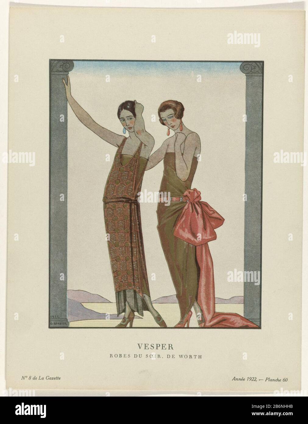 Gazette du Bon Ton, 1922 - No 8 Vesper Robes du soir, de Worth Two standing  women between two columns, dressed in evening dresses of Worth. The woman  on the left is