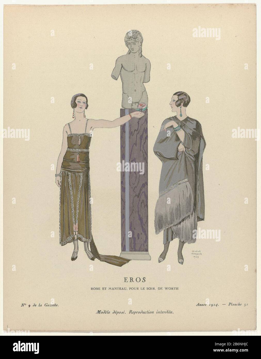 Gazette Du Bon Ton 1924 No 9 Pl 51 Eros Robe Et Manteau Pour Le Soir De Worth Titel Op Object Two Women Standing In A Column Where A Bust Of The
