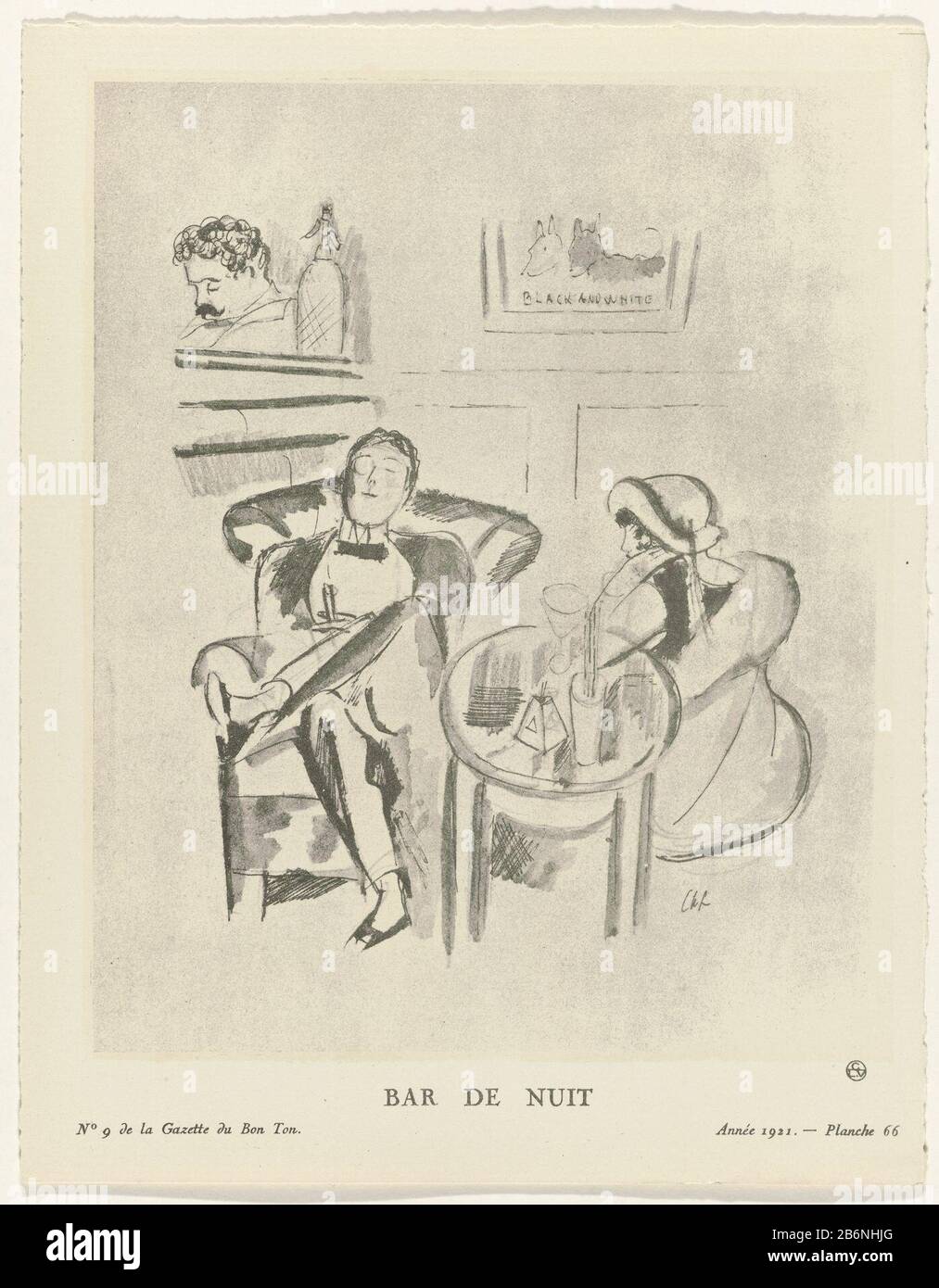 Gazette du Bon Ton, 1921 - No 9, Pl 66 Bar de nuit (titel op object) Man.  sitting with the legs about each other, in a tuxedo. Cigar in hand. In  addition