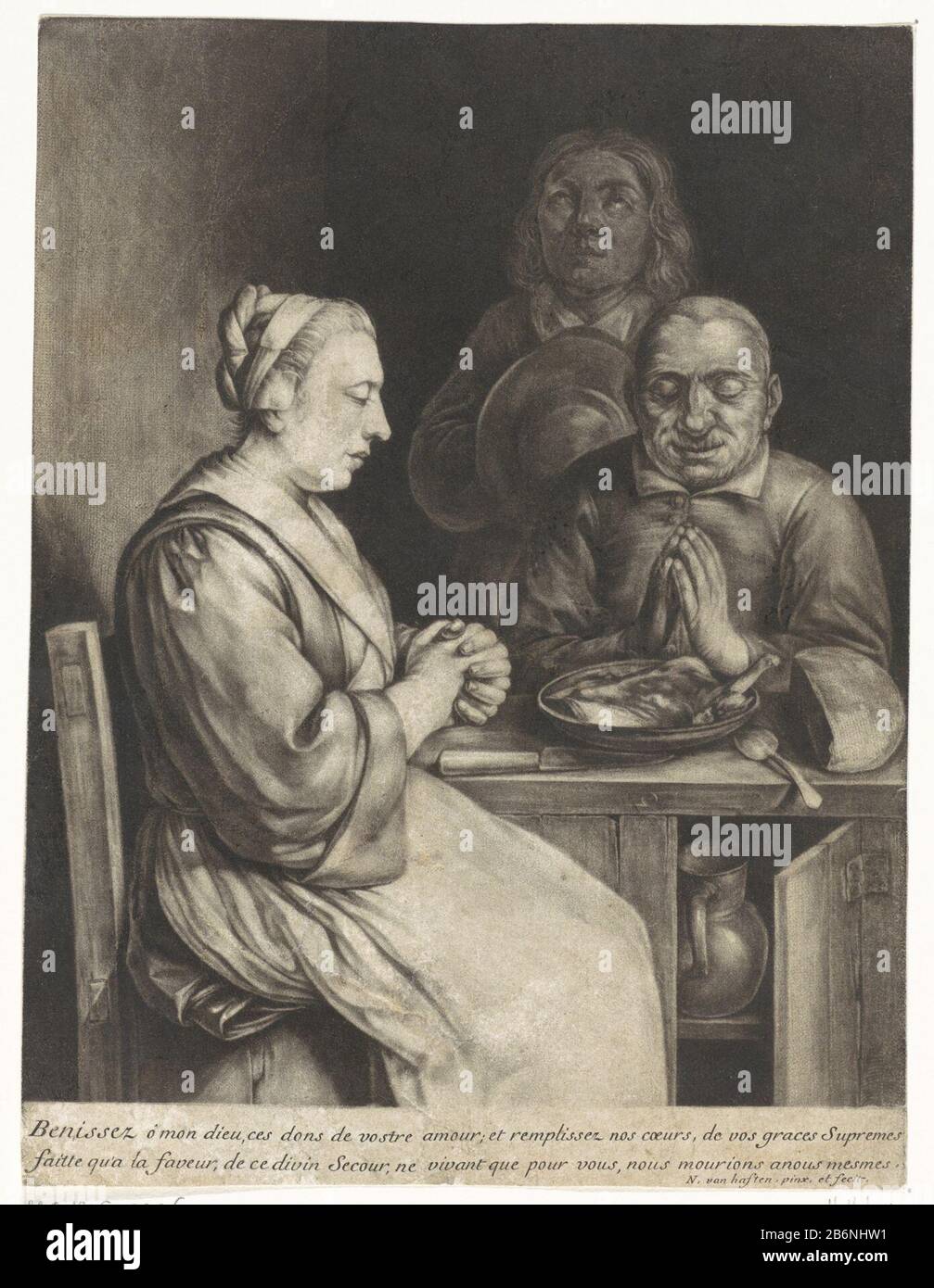 Gebed voor de maaltijd Two men and a woman in prayer before meals. On ...