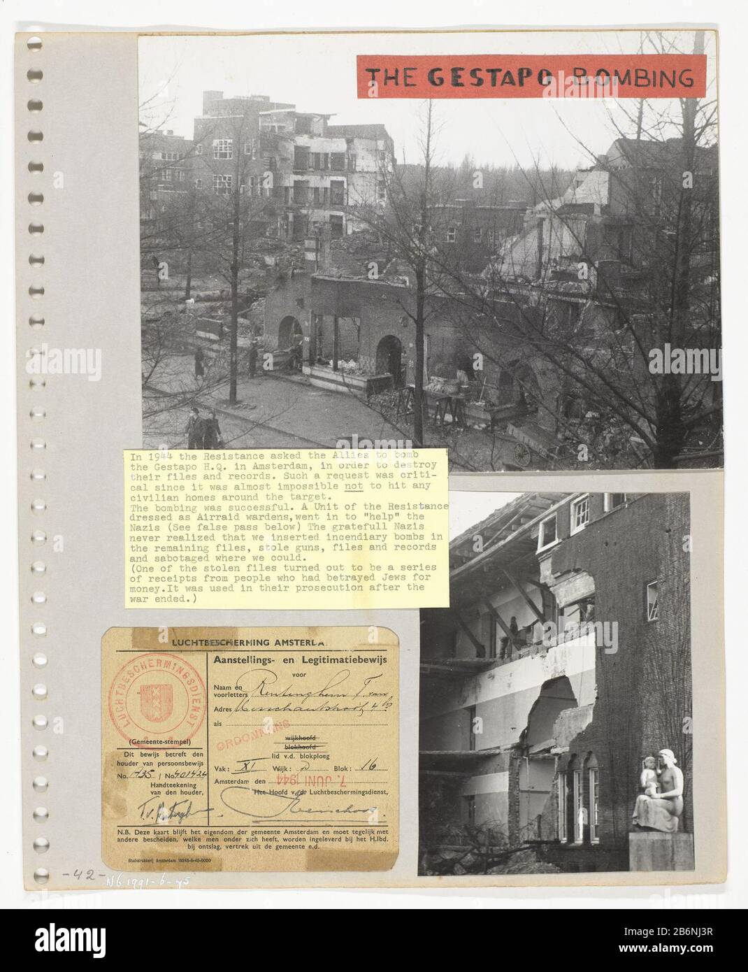 Gebombardeerd hoofdkwartier van de Gestapo Foto en collageboek 'De  Verborgen Camera' (serietitel) Two photos of the bombed headquarters of the  Security Service (SD) Euterpestraat, now Gerrit van der Veen street.  Originally Girls