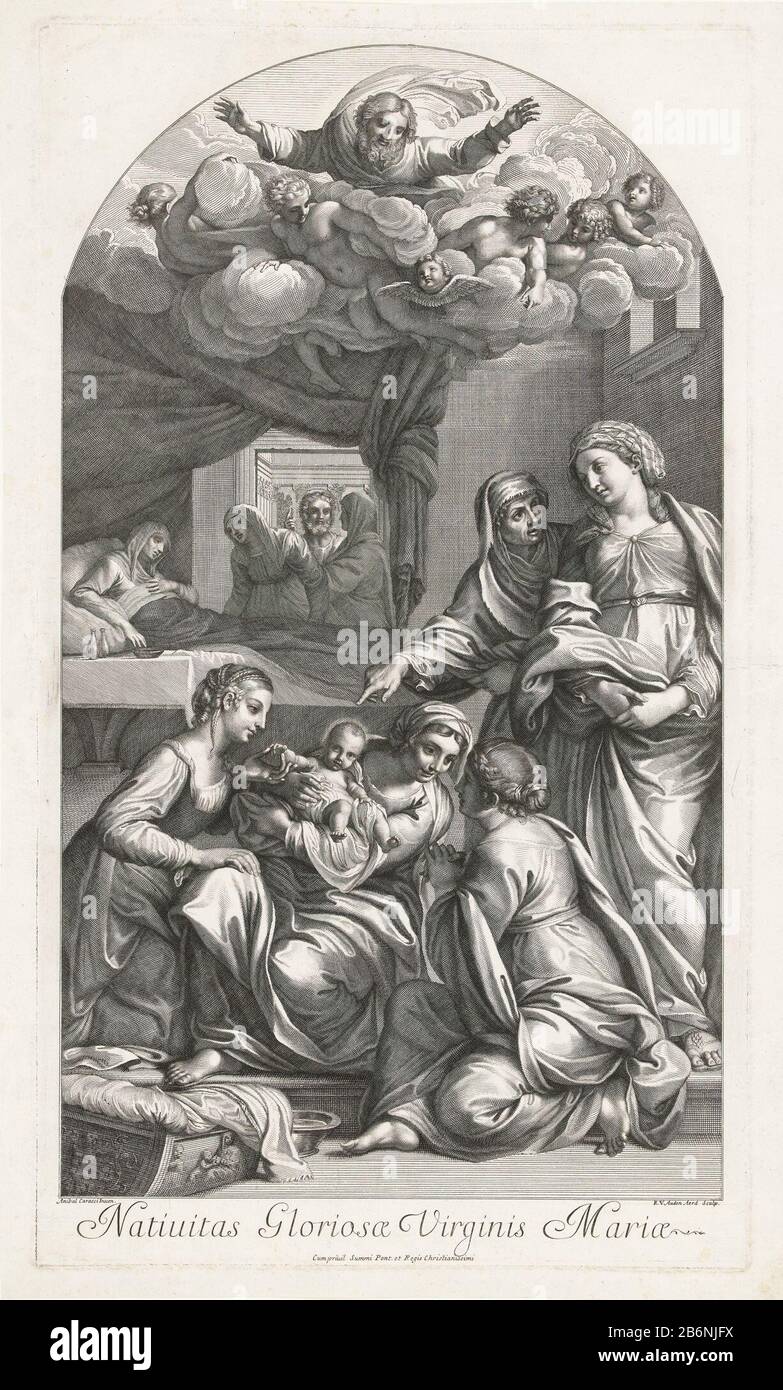 Geboorte van Maria Nativitas Gloriosae Virginis Mariae (titel op object)  holy Anna is after the birth of her daughter Maria in bed. Five maids worry  about the new born baby. An elderly