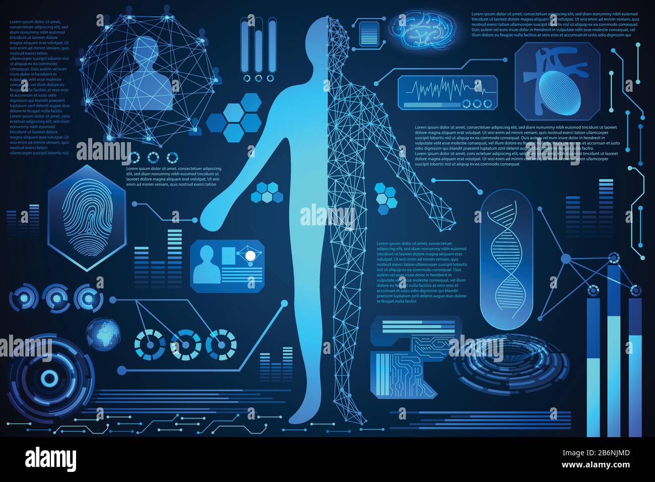 abstract technology concept human body digital health care ; hud interface  of health analysis and scan body to verify identity ,finger print ,energy f  Stock Vector Image & Art - Alamy