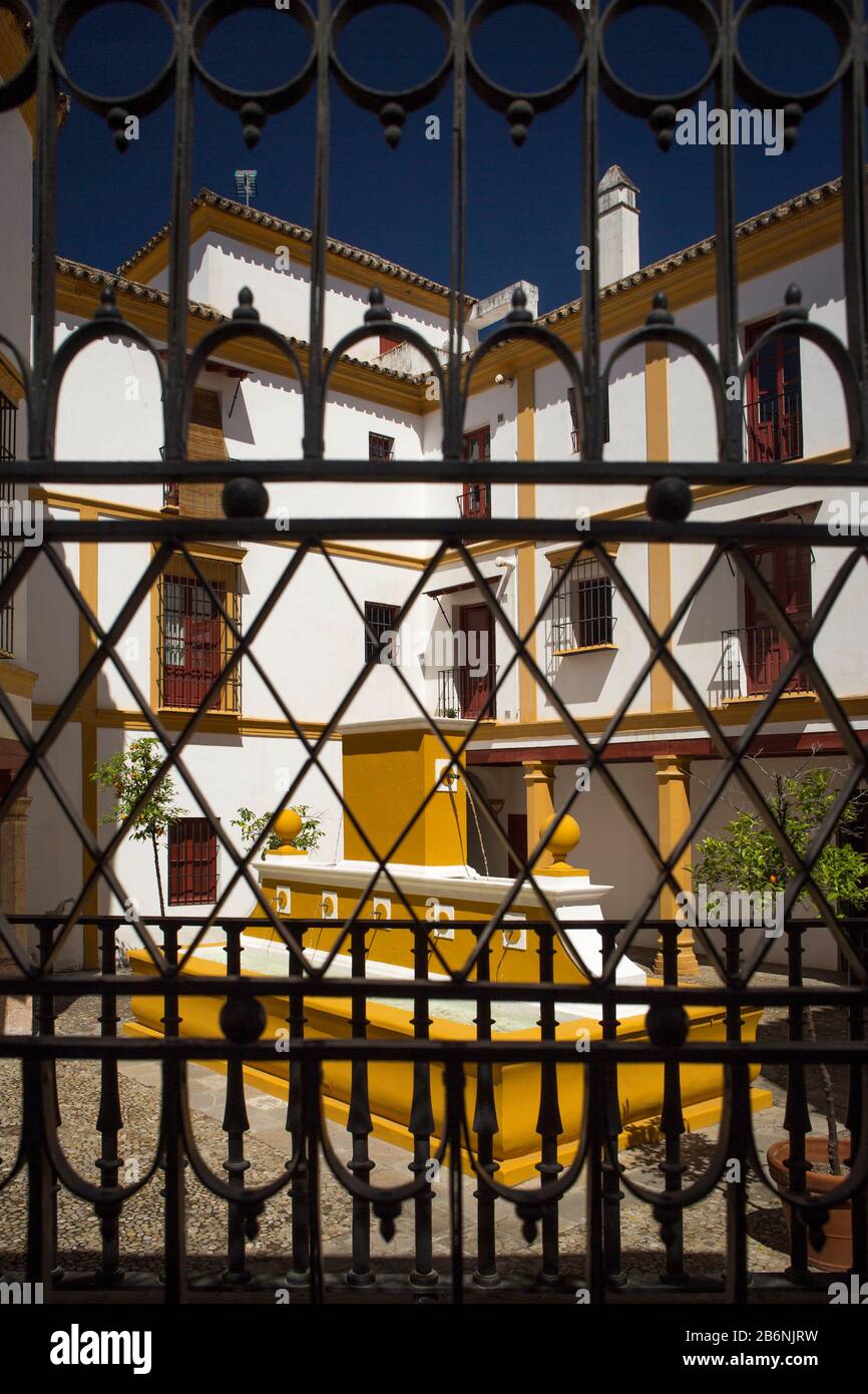 Colorful vertical shot of one the courtyards of La Maestranza bullring building through its wrought-iron gate, Seville, Spain Stock Photo