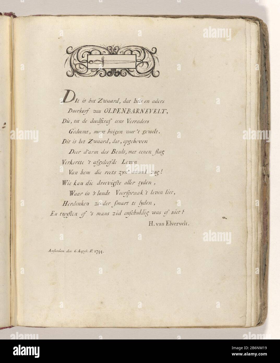 Gedicht op het zwaard waarmee Johan van Oldenbarnevelt in 1619 zou zijn onthoofd Fresh off of Henrik Elvervelt with emblem drawn with the sword. Part of the book of poems from the years 1743-1745 to the sword with which Johan van Barneveld would be beheaded in 1619. The sword was owned by French Greenwood. Manufacturer : writer Henrik of Elvervelt (personally signed) Place manufacture: Amsterdam Date: Aug 6 1744 Physical features: handwriting with pen in brown material: paper ink technology: letter Dimensions: sheet: H 275 mm × W 220 mm Subject: Condemnation and execution of Johan van Barnevel Stock Photo