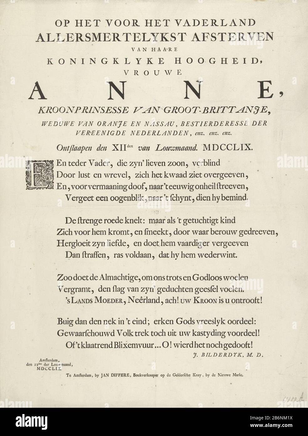 Wonderbaarlijk Gedicht op het overlijden van prinses Anna, 1759 Op het voor het IB-98