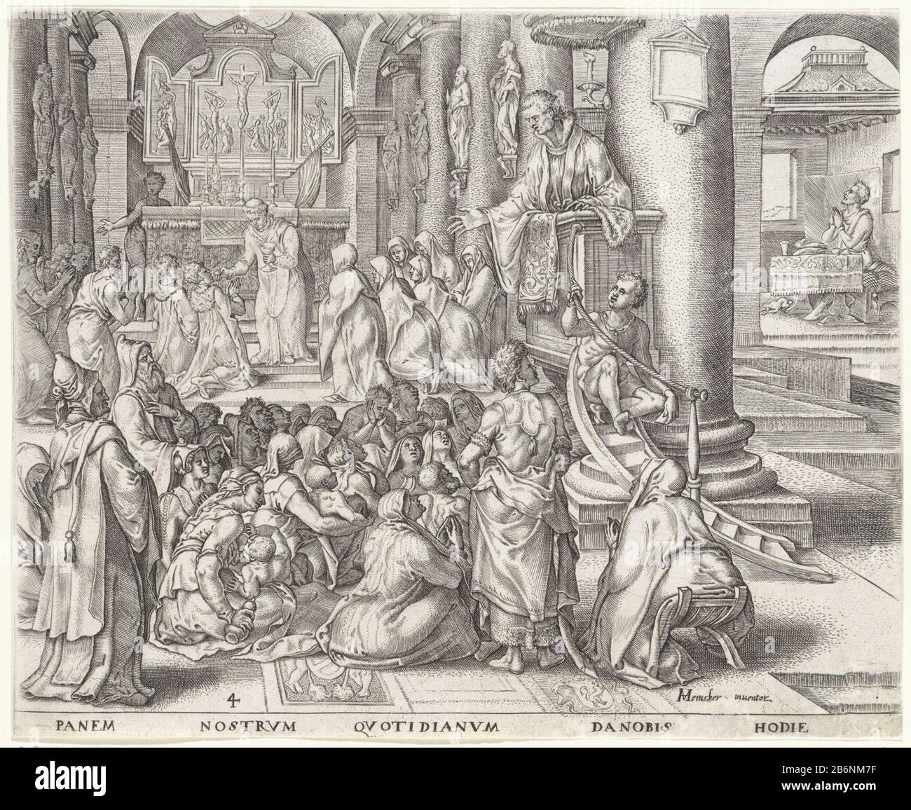 Geef ons vandaag het brood dat wij nodig hebben Onze Vader (serietitel) Men and women sit in church on the floor and listening to a sermon by the priest. In the background at the altar, the priest shares the hosti out to kneeling faithful. Right in lea praying man. The Latin caption is a part of the prayer to Our Vader. Manufacturer : printmaker John Who: rixnaar design: Maarten van Heemskerck (listed building) publisher: Philips Gall Place manufacture: Antwerp Date: 1569 - 1573 Physical features: car material: paper Technique: engra (printing process) Dimensions: sheet: h 207 mm × W 253 mm Su Stock Photo