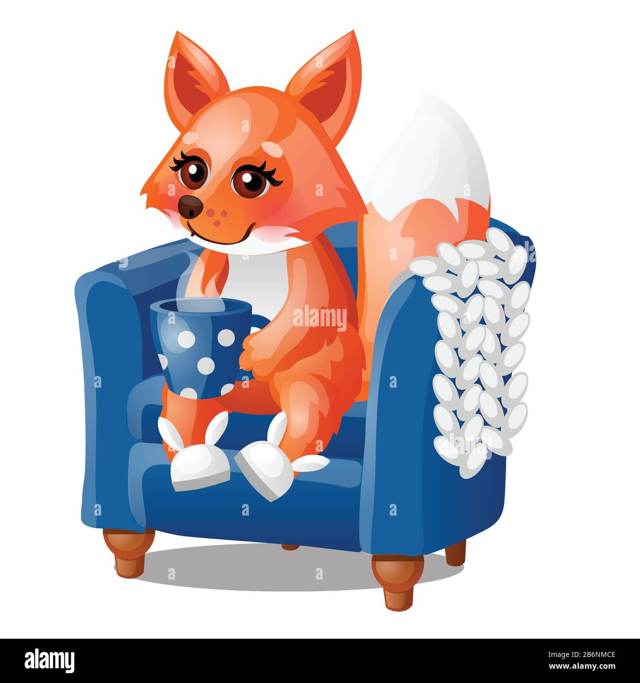 Cute smiling fox drinks hot tea in a soft chair isolated on a white  background. Vector cartoon close-up illustration Stock Vector Image & Art -  Alamy