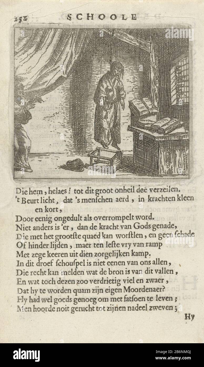 Gehangene in een studeervertrek CXVII Van zeekeren Student, die zelven de dood had aangedaan (titel op object) A man has himself hung in a room with a reading table with books. Left figure is a indoor and quenched. Pent out a book Where: in 36 prints with images sentences. Print used in: F. van Hoogstraten, The schoole of the world, 1682. Manufacturer : print maker: Arnold Houbraken Place manufacture: Northern Netherlands Date: 1682 Physical characteristics: etching, and letterpress printing, letterpress printing verso material: paper Technique: etching / letterpress printing size: plate edge: Stock Photo
