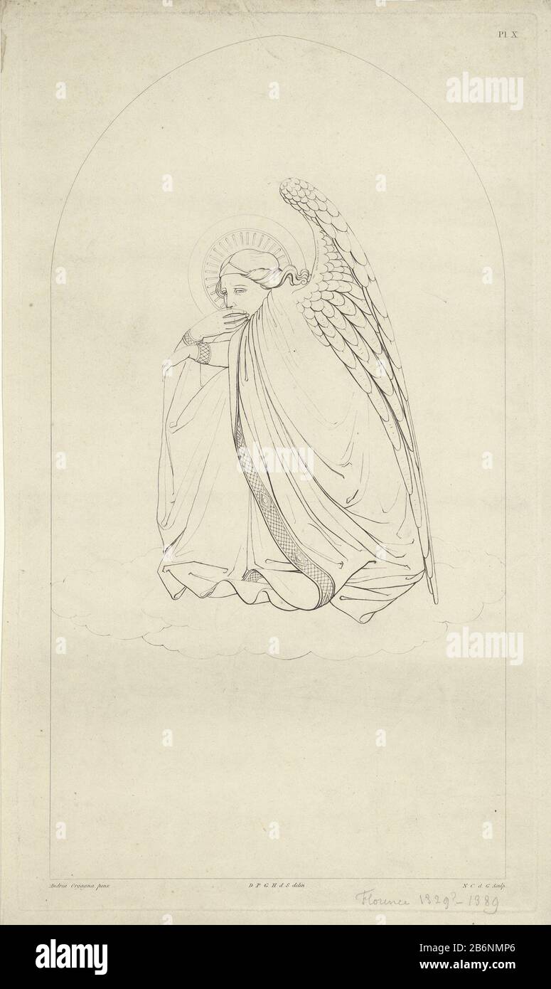 Gehurkte engel A squatting angel with hand to mouth. Numbered X. Manufacturer : printmaker Nicolaas Cornelis de Gijselaar (listed property) to drawing: David Pierre Giottino Humbert de Superville (listed property) to painting: Andrea Orgagna (listed building) Dated: 1802 - 1873 Physical features: etching material : paper Technique: etching dimensions: plate edge b 287 mm x h 498 mm Subject: angels Stock Photo
