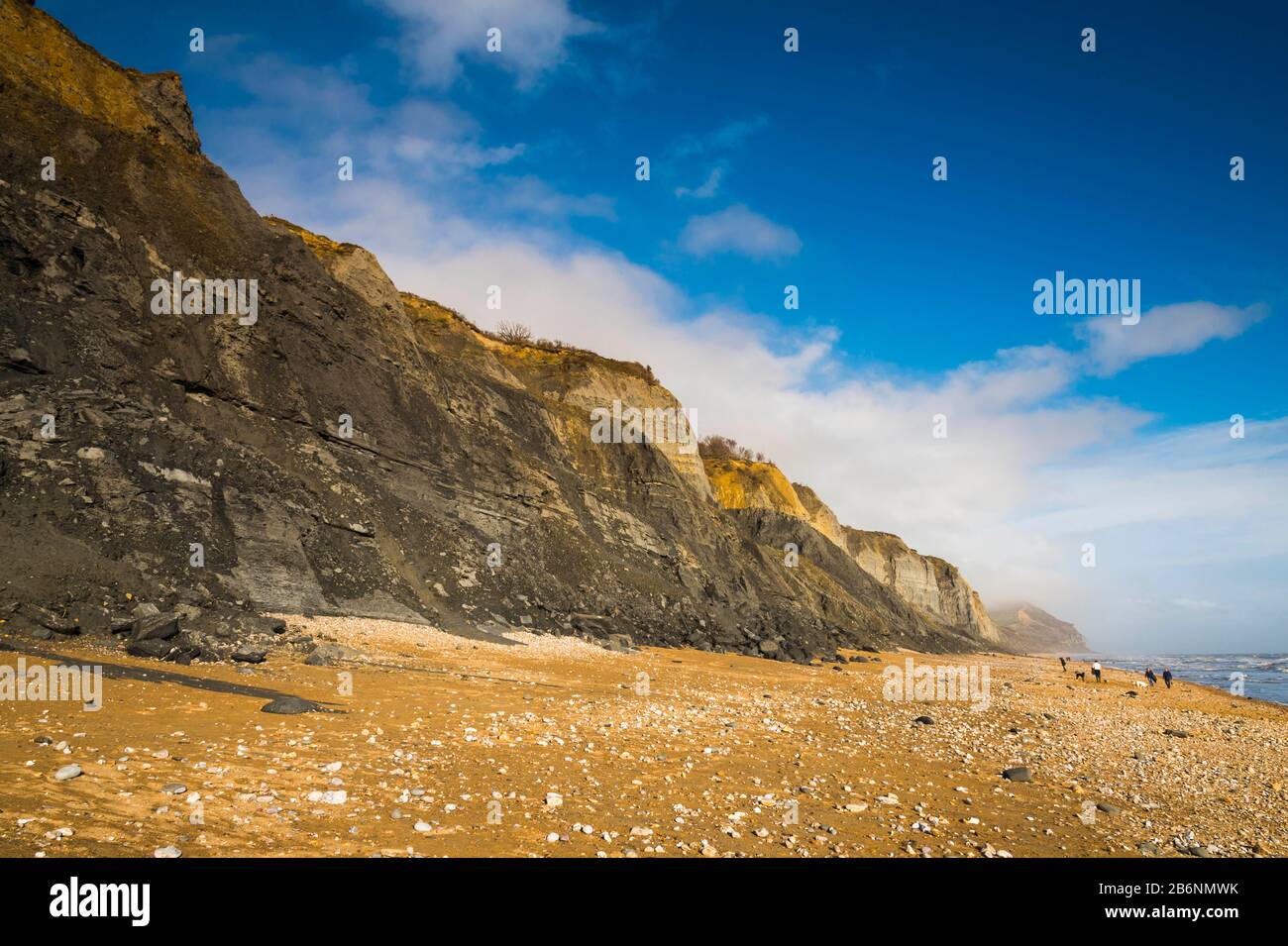 Charmouth, Dorset, UK. 11th March 2020. UK Weather. Glorious spring sunshine at Charmouth beach in Dorset looking East towards Golden Cap with the fossil rich cliffs of Stonebarrow showing many landslips from the recent wet stormy weather. Picture Credit: Graham Hunt/Alamy Live News Stock Photo