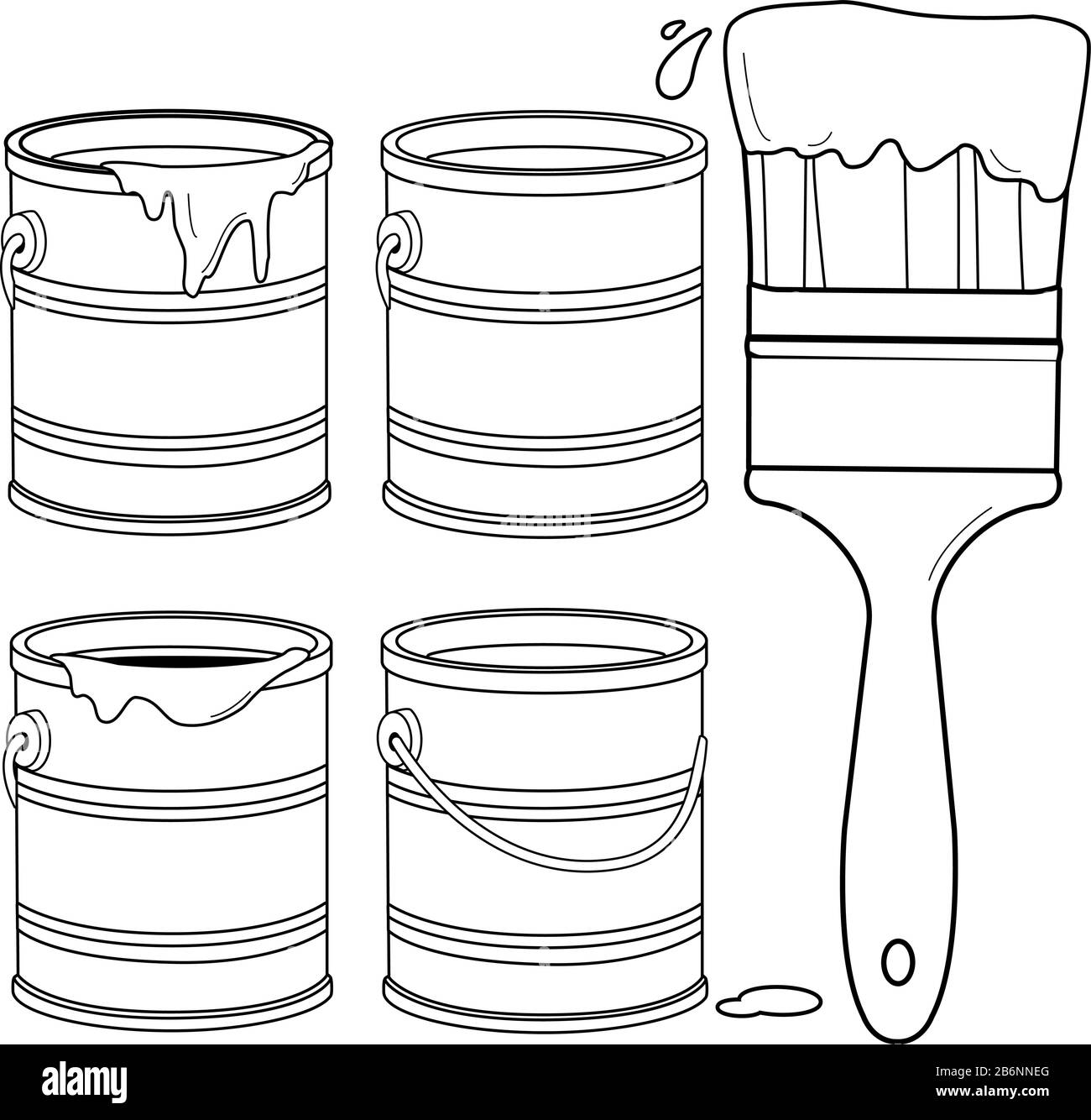 Paint supplies. Cans, paint buckets and a paint brush. Vector black and