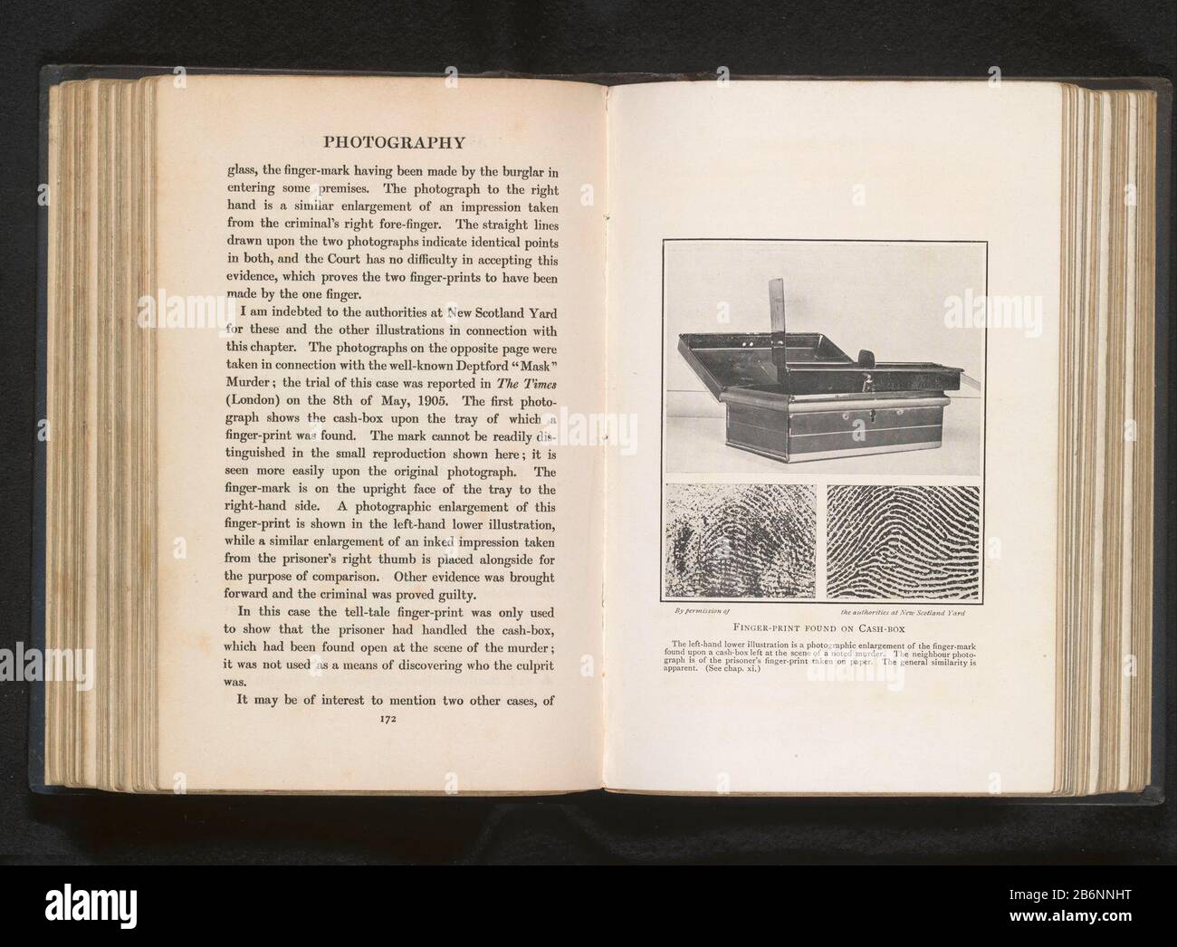 Geldkist en twee vingerafdrukken Finger-print found on cash-box (titel op object) strongbox and two fingerprints finger-print found on cash-box (title object) Property Type: photomechanical print page Item number: RP-F 2001-7-462-16 Inscriptions / Brands: inscription, recto, printed: 'By permission of the Authorities at New Scotland Yard. The left-hand lower illustration is a photographic enlargement of the finger-marks found upon a cash box left at the scene of a murder Noted. The neighbor photographing or the prisoner's finger-prints taken on paper. The general similarity is apparent. (See c Stock Photo