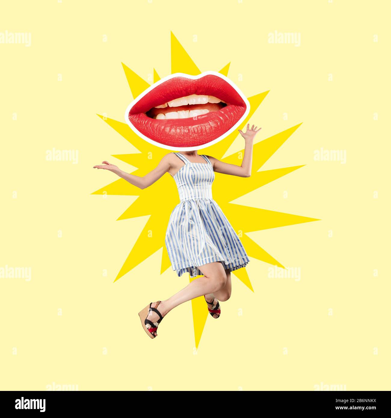 Jump in summer. Jumping female body headed by big lips on yellow