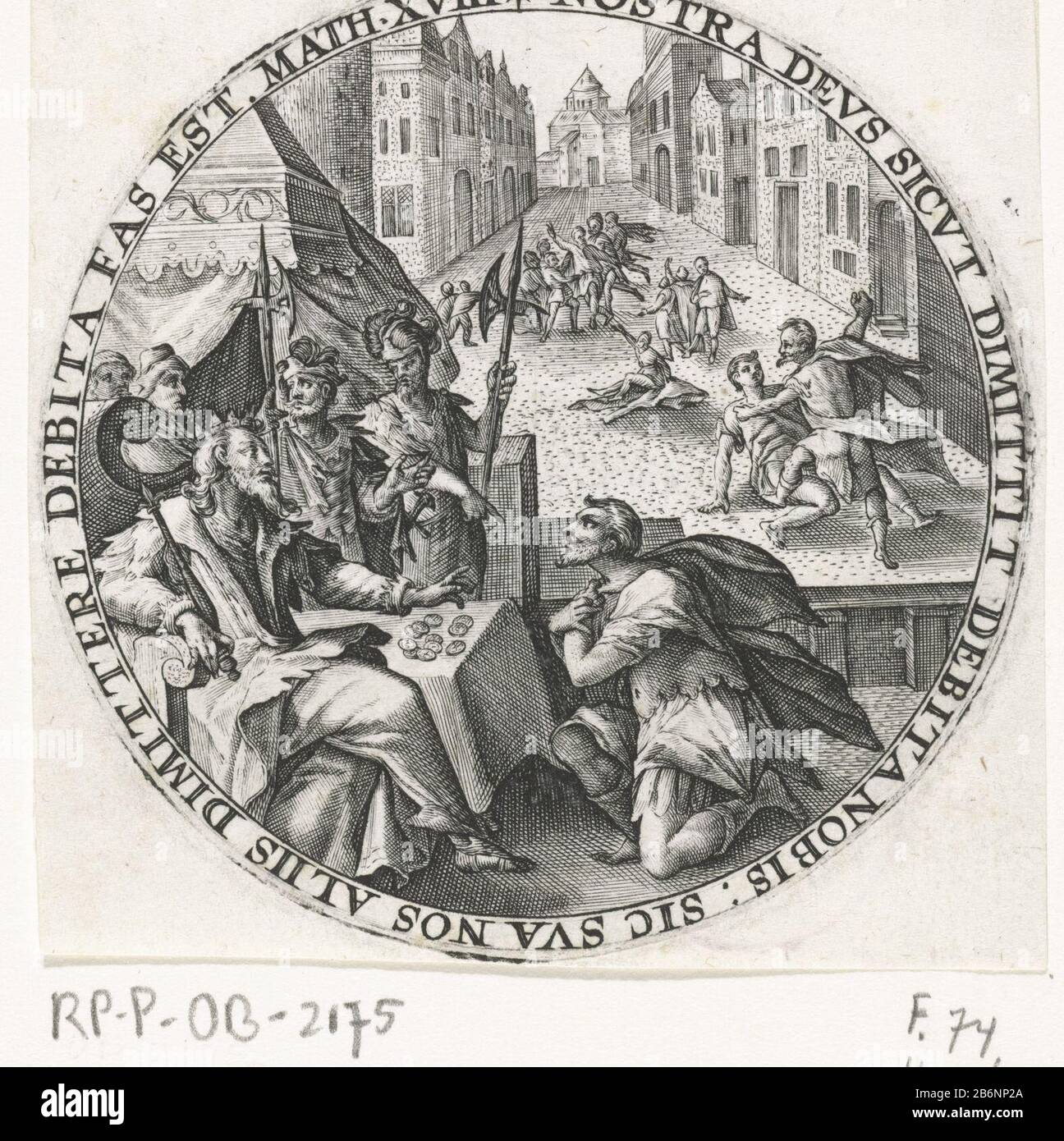 Gelijkenis van de ondankbare dienstknecht Gelijkenissen van Christus (serietitel) Parabolarum Evagelicaru Typi (serietitel) the ungrateful servant kneels before the king and begged him to give him more time to repay its debt. The king took pity, released him and forgave him the loan money (Matt. 18). The representation is contained in a picture frame with a round edge inscription in Latin. Print out a series of parables Christus. Manufacturer : printmaker: Crispijn of Passe (I) Place manufacture: Cologne Date: 1604 Physical features: car material: paper Technique: engra (printing process) Dime Stock Photo