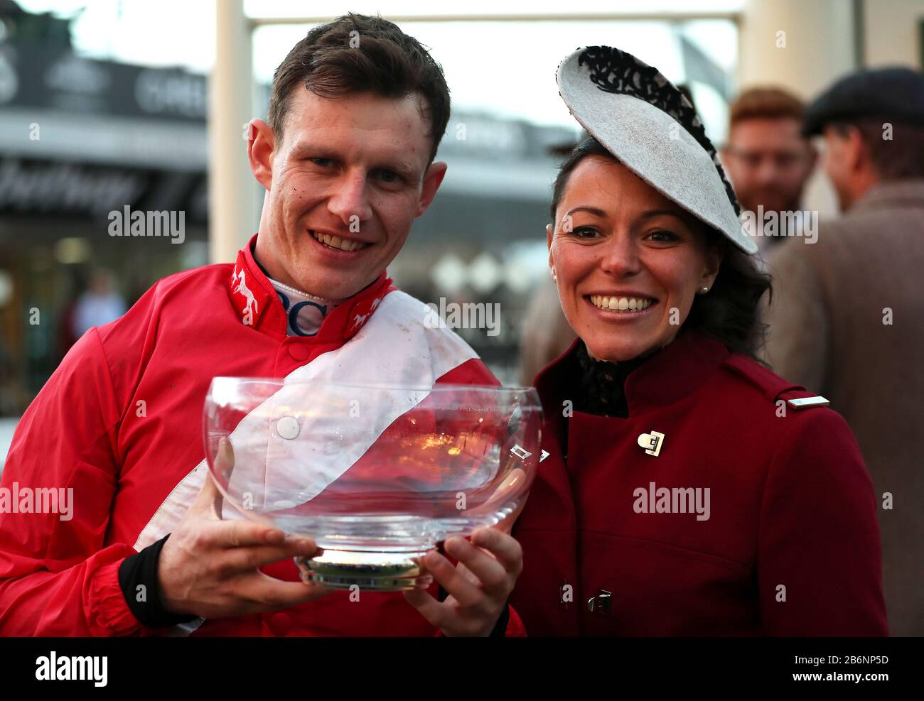 Jockey Paul Townend (left) celebrates after winning the Weatherbys Champion Bumper during day two of the Cheltenham Festival at Cheltenham Racecourse. Stock Photo