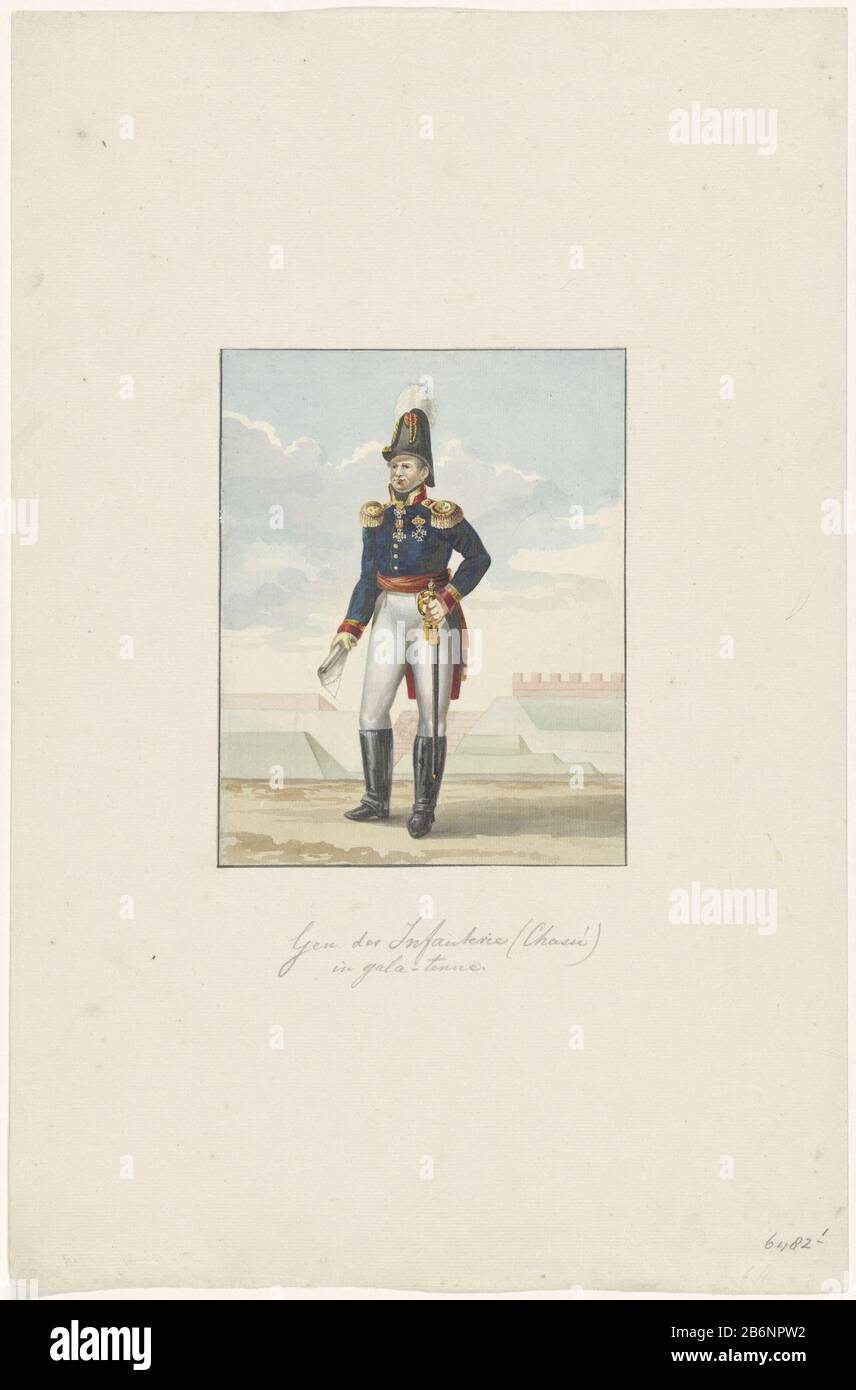Generaal der infanterie tekeningen van uniformen van het Nederlandse leger ca 1830 (serietitel) the general's uniform of the infantry in dress uniform. Here General Chassé with a rolled map of Antwerp