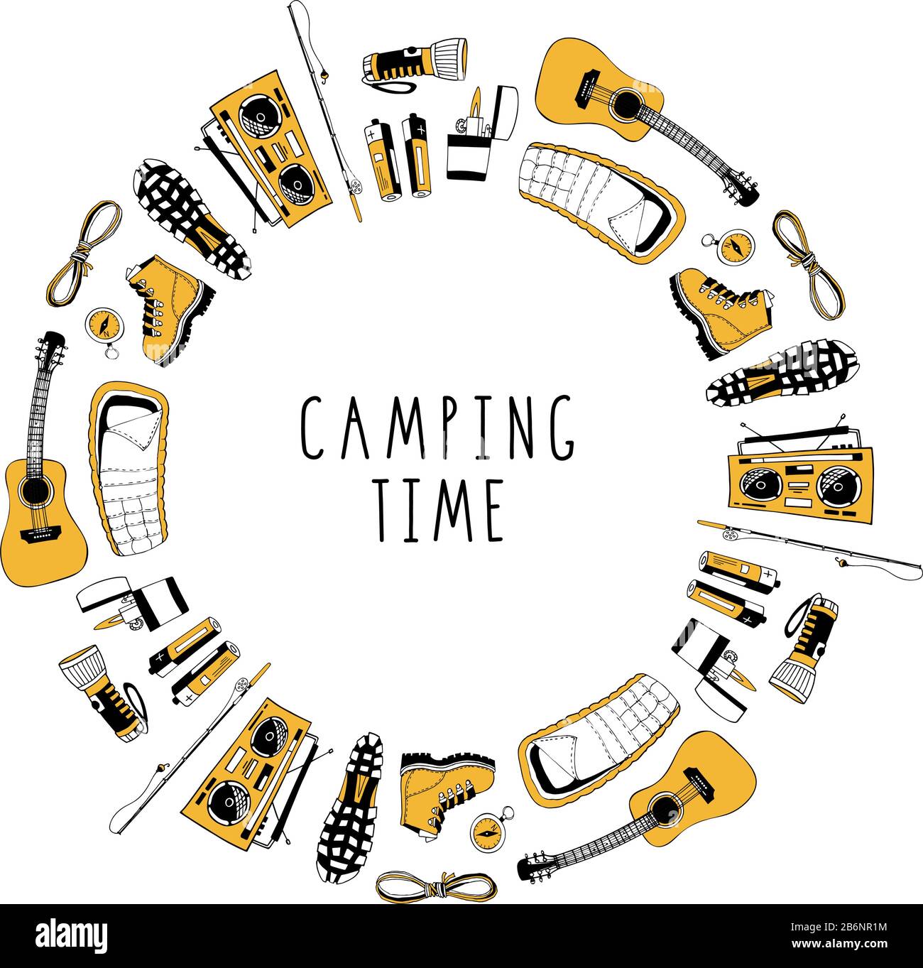 Modern circle frame for hiking, traveling design. Pattern with camping symbols. Boots, flashlight, rope, sleeping bag, compass, fishing rod. Campfire Stock Vector