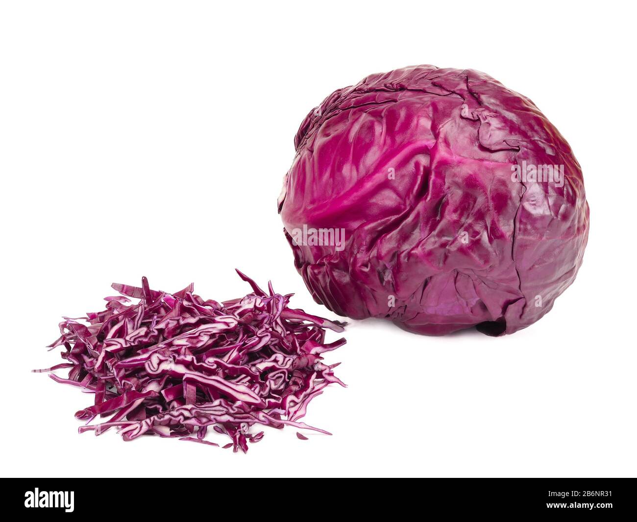 fresh red cabbage and chopped cabbage on white background Stock Photo