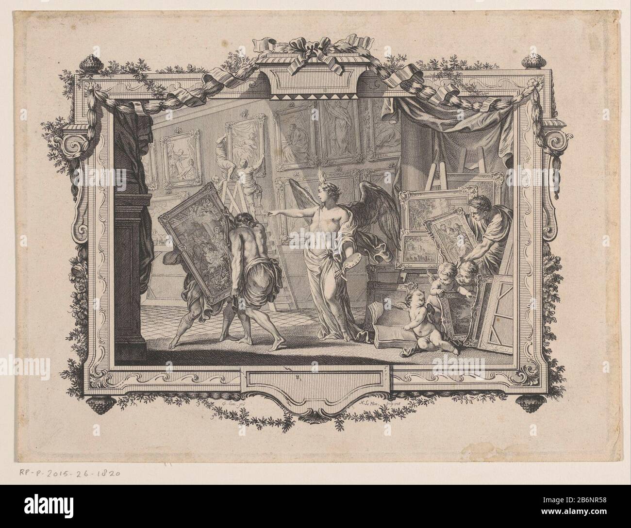 briefpapier Bijproduct Prestatie Genie van de Schilderkunst arrangeert schilderijen Interior of an art  collection with the Painting Genie recommend handing two men lifting a  painting. Right three putti and a man surrounded by paintings. One
